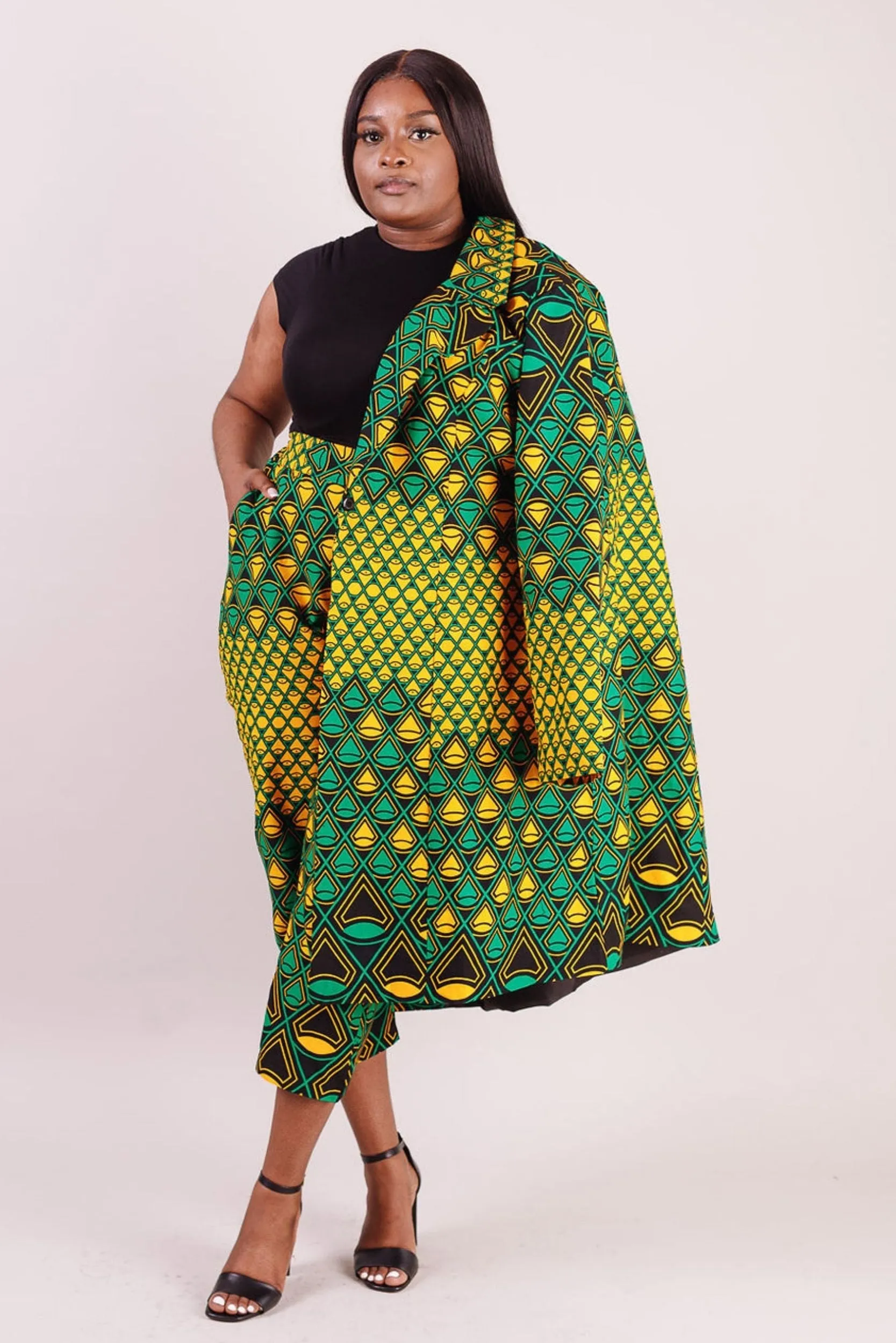 SEIDA African Print Long Blazer (Green/Yellow/Black Pattern)