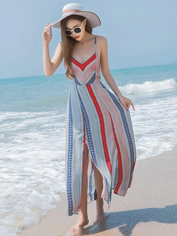 Sexy Bohemia Spaghetti Straps Deep V Neck Backless Beach Maxi Dress