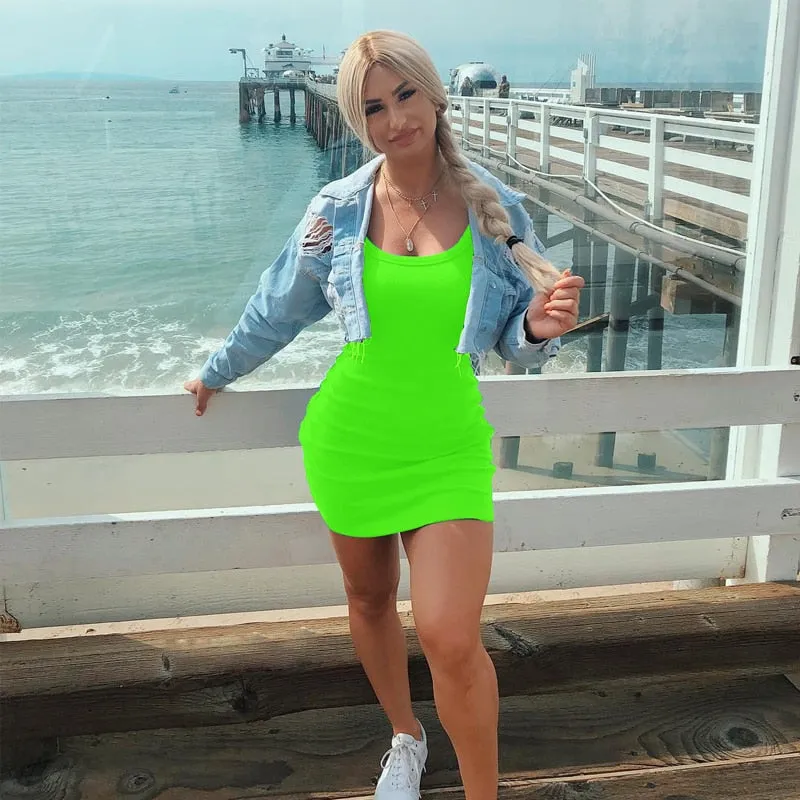 Sexy O-neck Mini Slim Dress Neon Sexy Club