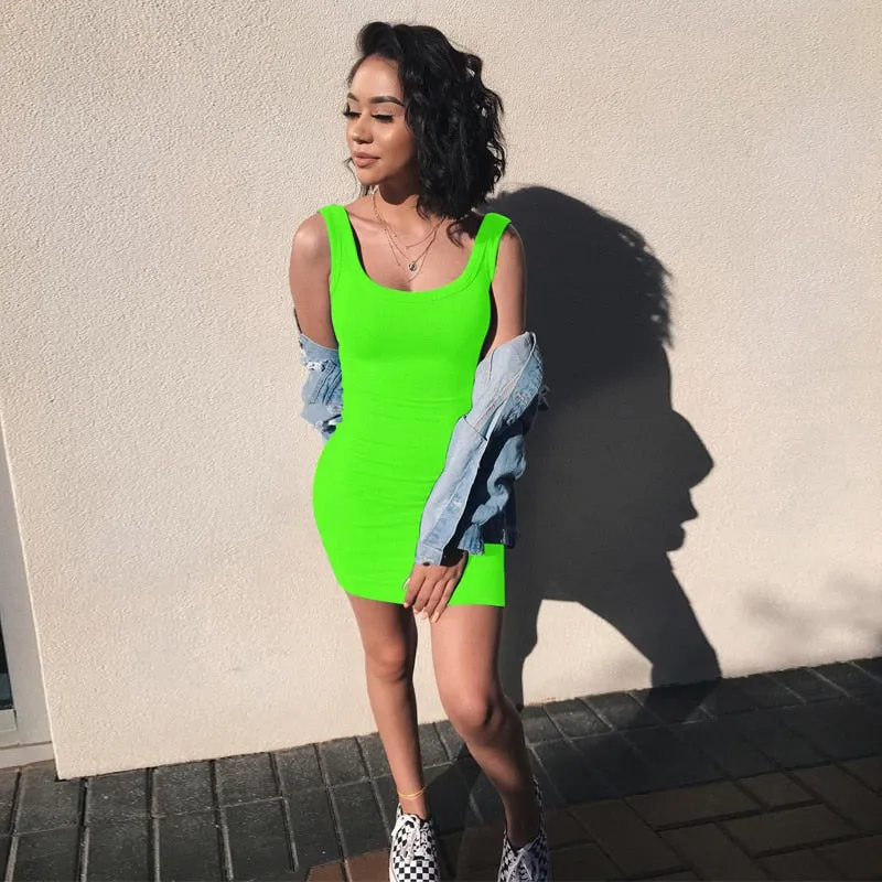 Sexy O-neck Mini Slim Dress Neon Sexy Club