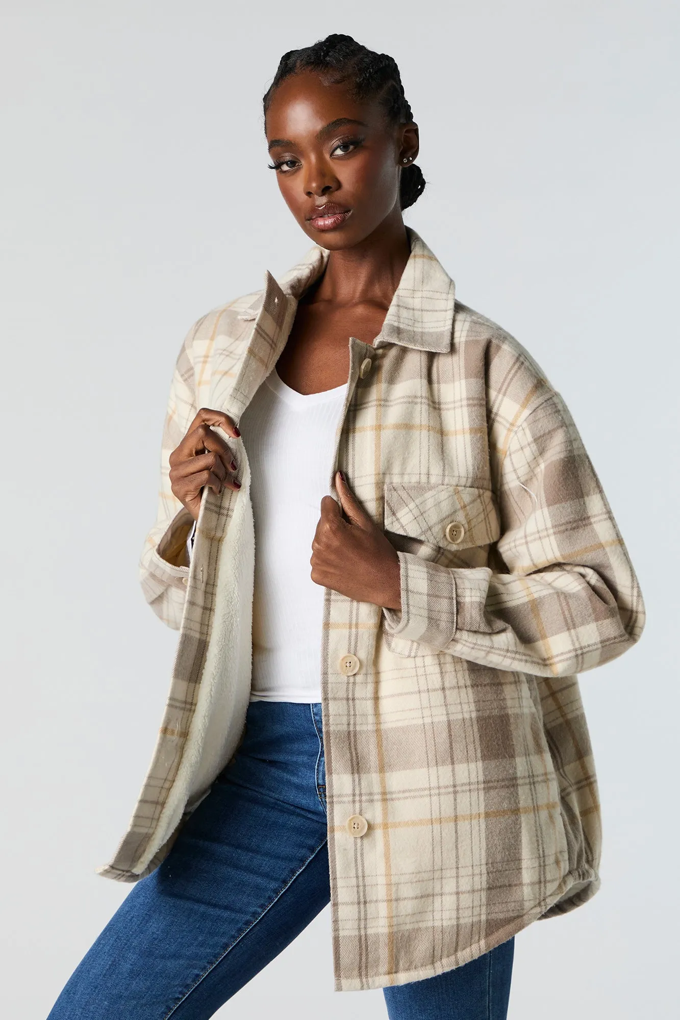 Sherpa Lined Plaid Flannel Shacket