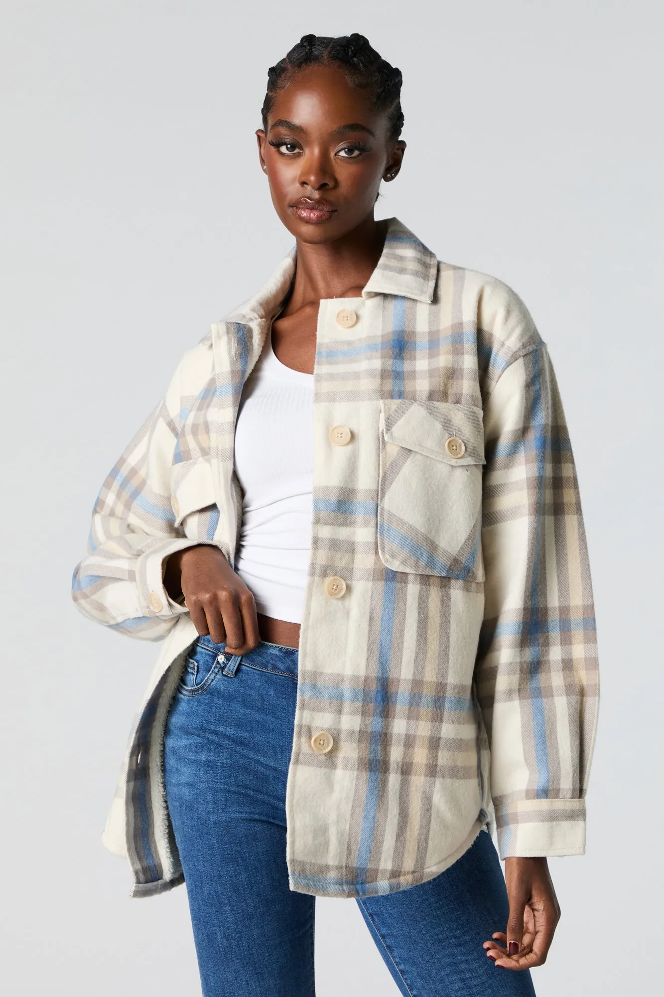 Sherpa Lined Plaid Flannel Shacket