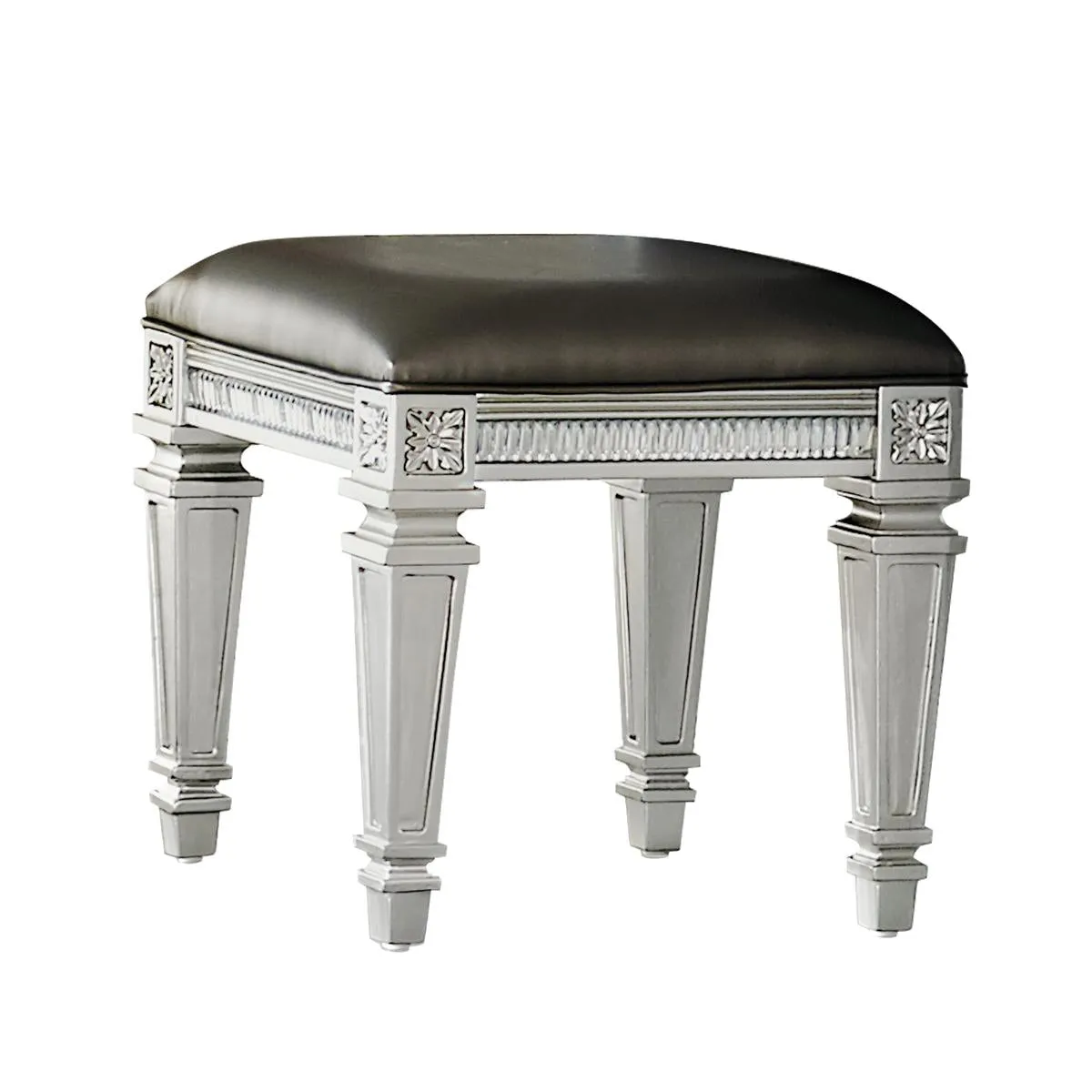 Silver Finish Vanity Stool with Gray Cushioned Seat