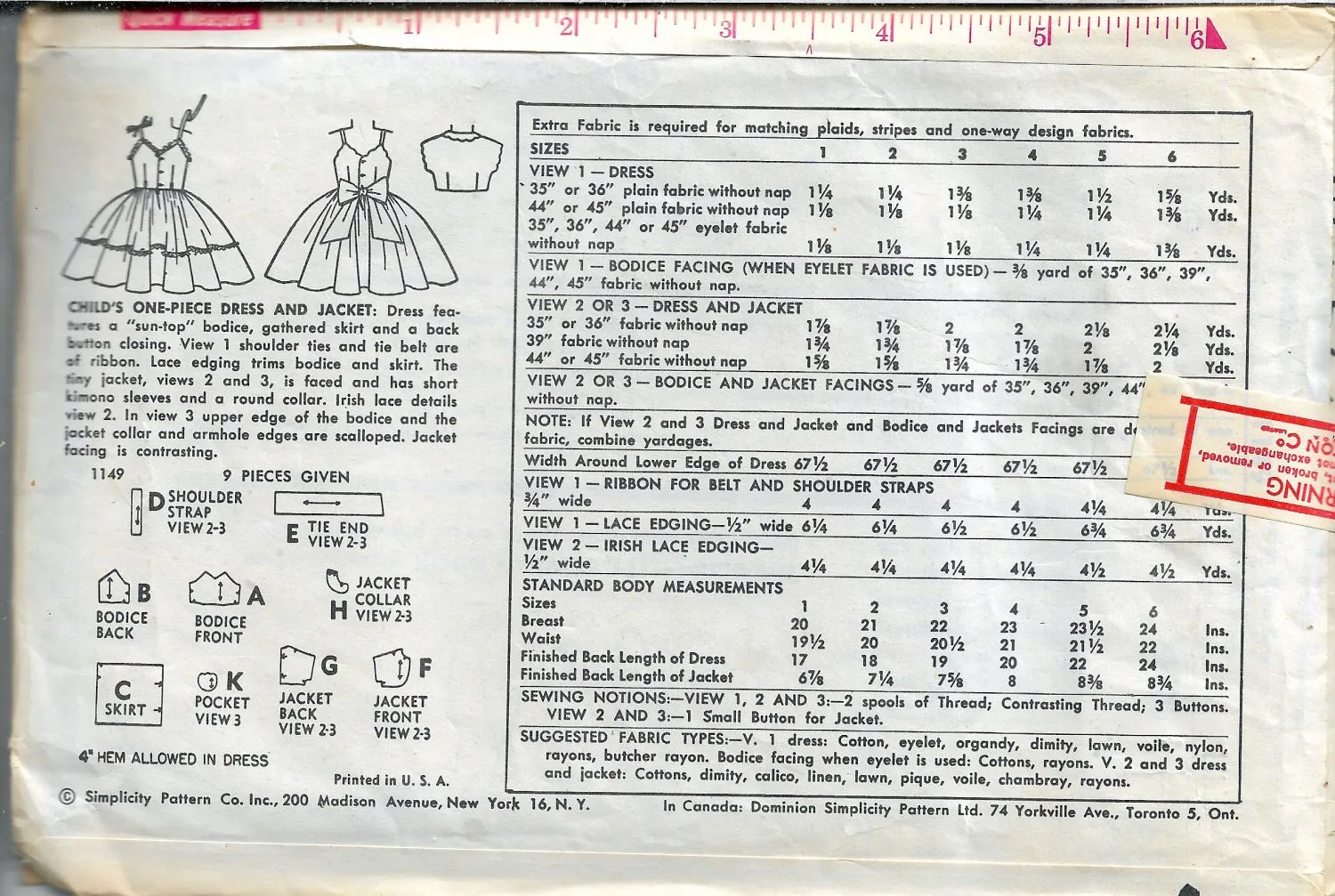 Simplicity 1149 Little Girls Dainty Play Dress Vintage Sewing Pattern 1950s