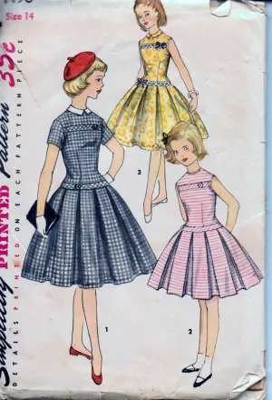 Simplicity 1496 Young Girls Pleated Dress with Detachable Collar Vintage 1950's Sewing Pattern