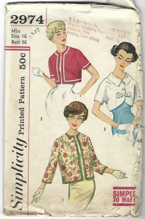 Simplicity 2974 Ladies Bolero Jackets Vintage Sewing Pattern 1950s