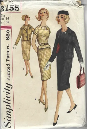 Simplicity 3155 Two Piece Dress Jacket Suit Vintage Sewing Pattern 1950s