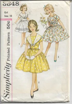 Simplicity 3848 Girls Party Dress Tie Collar Vintage Sewing Pattern 1960s