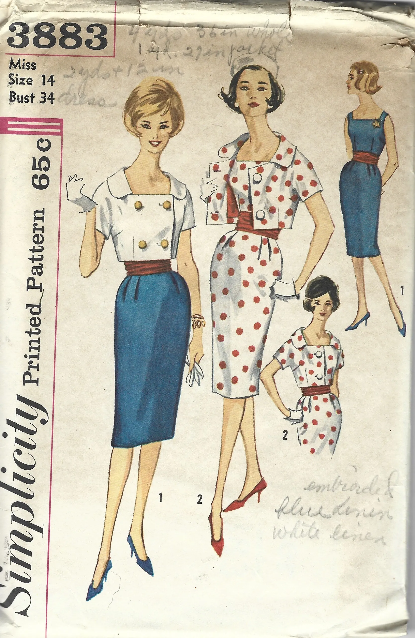 Simplicity 3883 Slim Dress Bolero Jacket Vintage Sewing Pattern 1960s