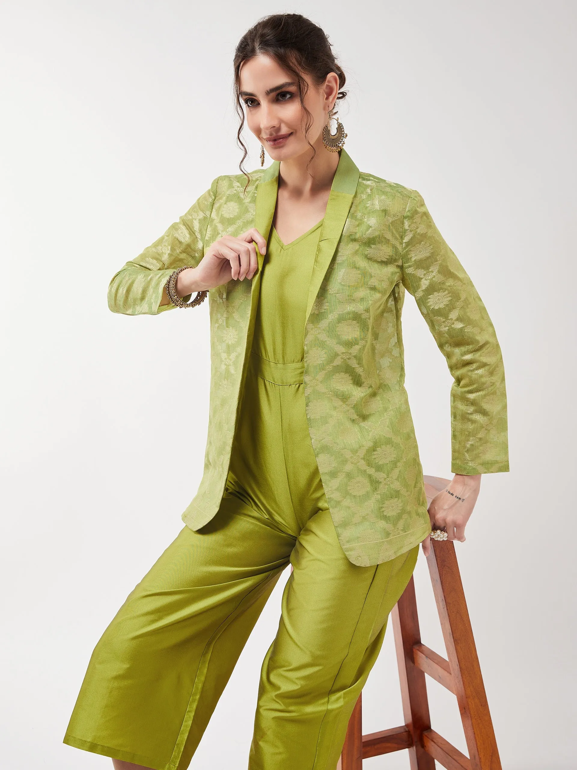 Solid Jumpsuit With Banarasi Jacquard Blazer