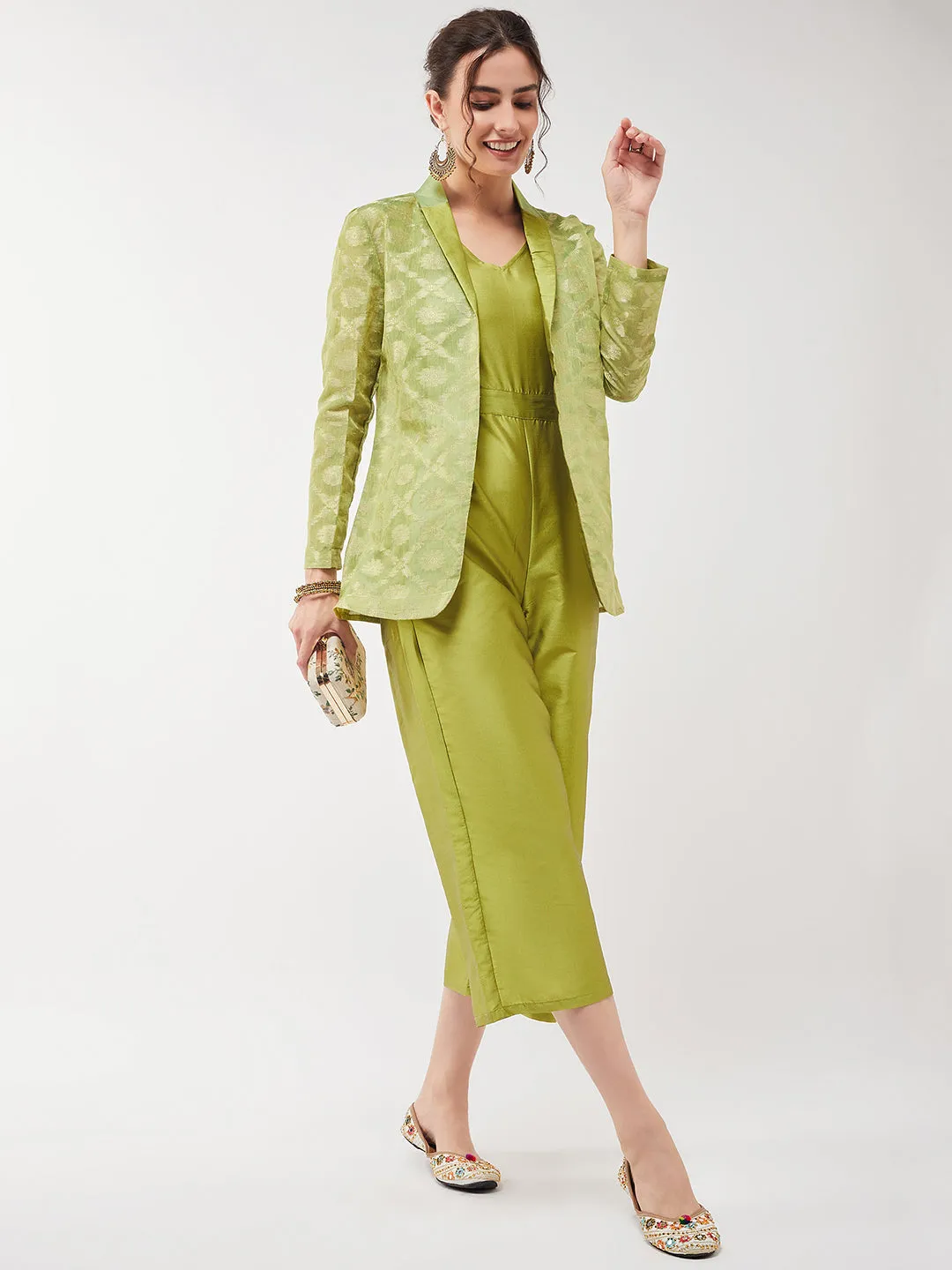 Solid Jumpsuit With Banarasi Jacquard Blazer