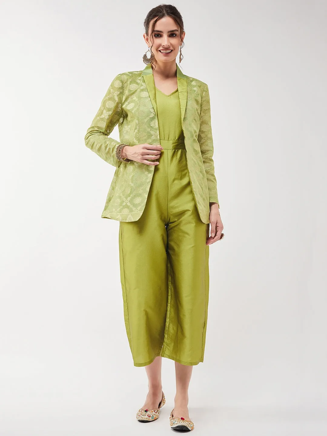 Solid Jumpsuit With Banarasi Jacquard Blazer