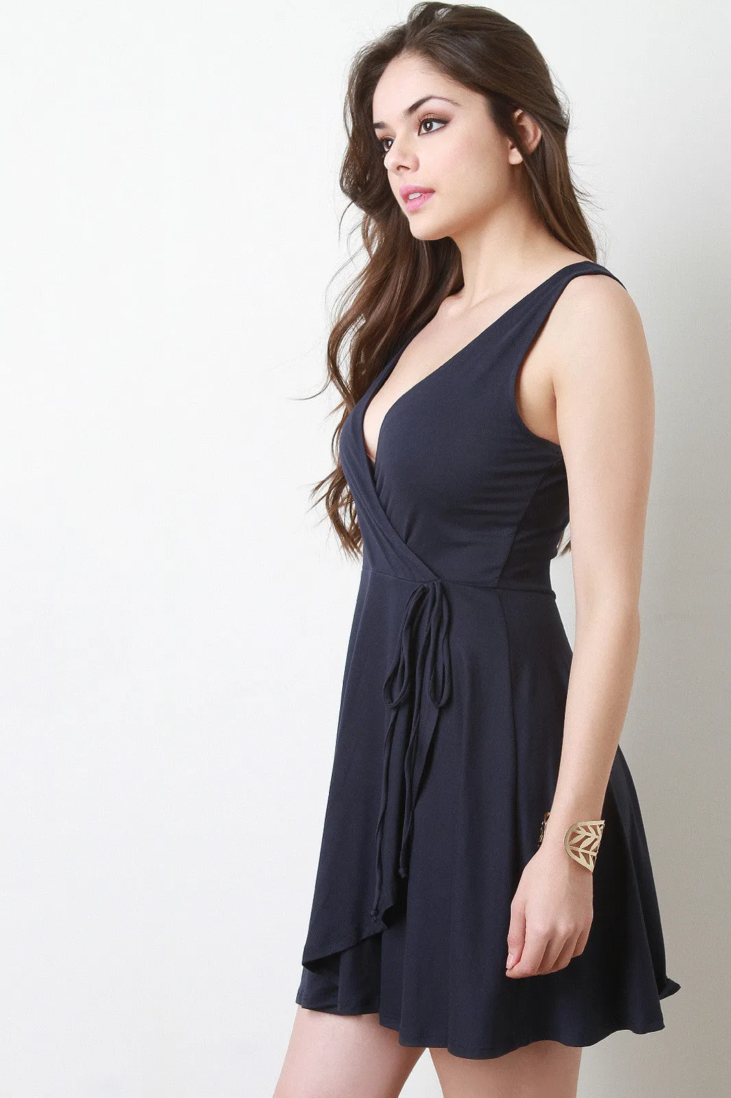 Solid Surplice Wrap Mini Dress