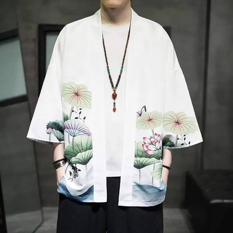 Spring Fashion Costume Embroidery Hanfu Men Chinese Style Silk Robe Cardigan Jacket Oversized Kimono Ancient Japanese Coat