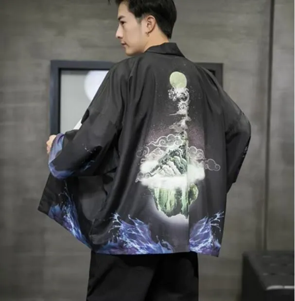 Spring Fashion Costume Embroidery Hanfu Men Chinese Style Silk Robe Cardigan Jacket Oversized Kimono Ancient Japanese Coat