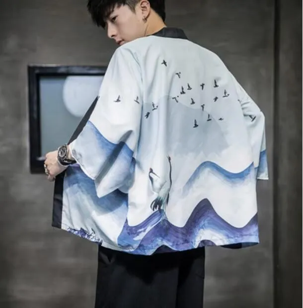 Spring Fashion Costume Embroidery Hanfu Men Chinese Style Silk Robe Cardigan Jacket Oversized Kimono Ancient Japanese Coat