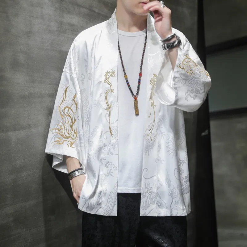 Spring Fashion Costume Embroidery Hanfu Men Chinese Style Silk Robe Cardigan Jacket Oversized Kimono Ancient Japanese Coat