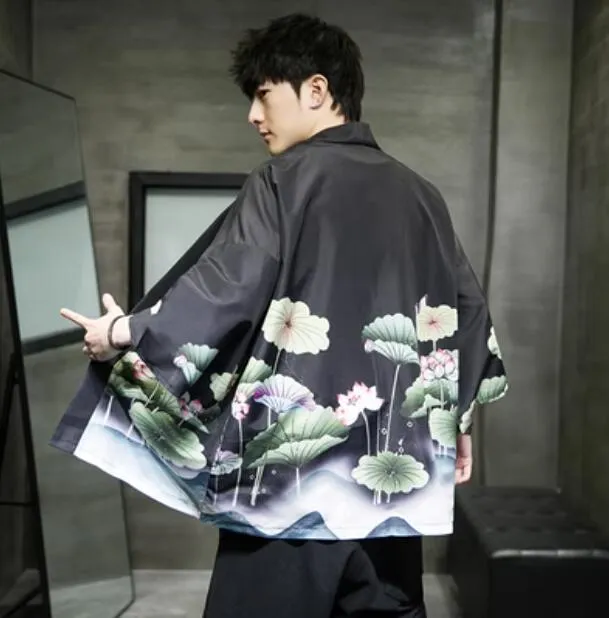 Spring Fashion Costume Embroidery Hanfu Men Chinese Style Silk Robe Cardigan Jacket Oversized Kimono Ancient Japanese Coat