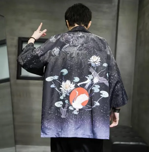 Spring Fashion Costume Embroidery Hanfu Men Chinese Style Silk Robe Cardigan Jacket Oversized Kimono Ancient Japanese Coat