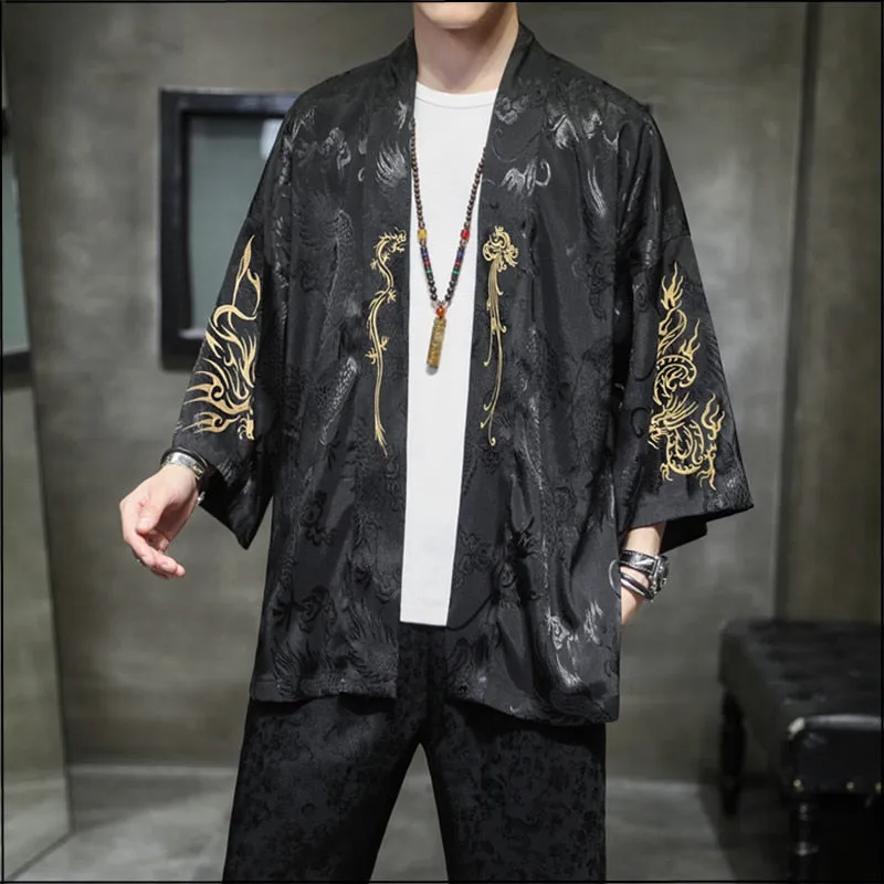 Spring Fashion Costume Embroidery Hanfu Men Chinese Style Silk Robe Cardigan Jacket Oversized Kimono Ancient Japanese Coat