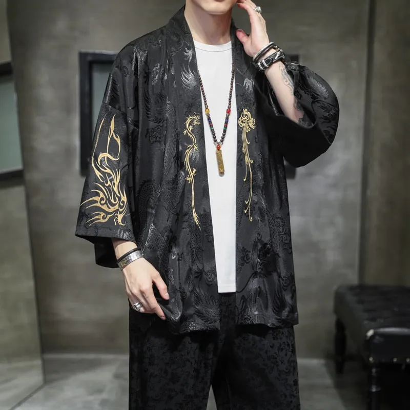 Spring Fashion Costume Embroidery Hanfu Men Chinese Style Silk Robe Cardigan Jacket Oversized Kimono Ancient Japanese Coat