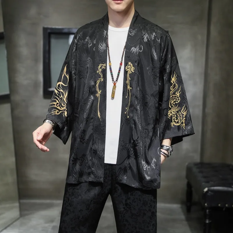 Spring Fashion Costume Embroidery Hanfu Men Chinese Style Silk Robe Cardigan Jacket Oversized Kimono Ancient Japanese Coat