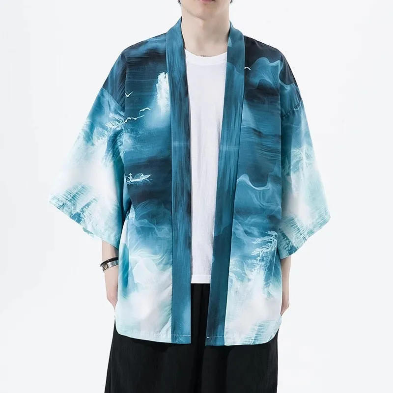 Spring Fashion Costume Embroidery Hanfu Men Chinese Style Silk Robe Cardigan Jacket Oversized Kimono Ancient Japanese Coat