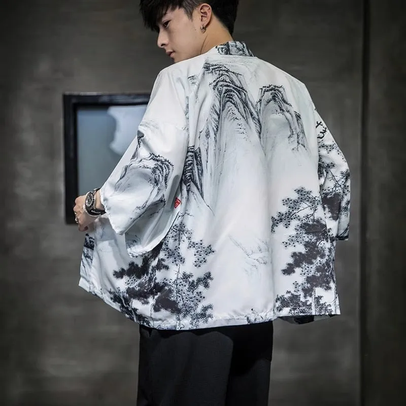 Spring Fashion Costume Embroidery Hanfu Men Chinese Style Silk Robe Cardigan Jacket Oversized Kimono Ancient Japanese Coat