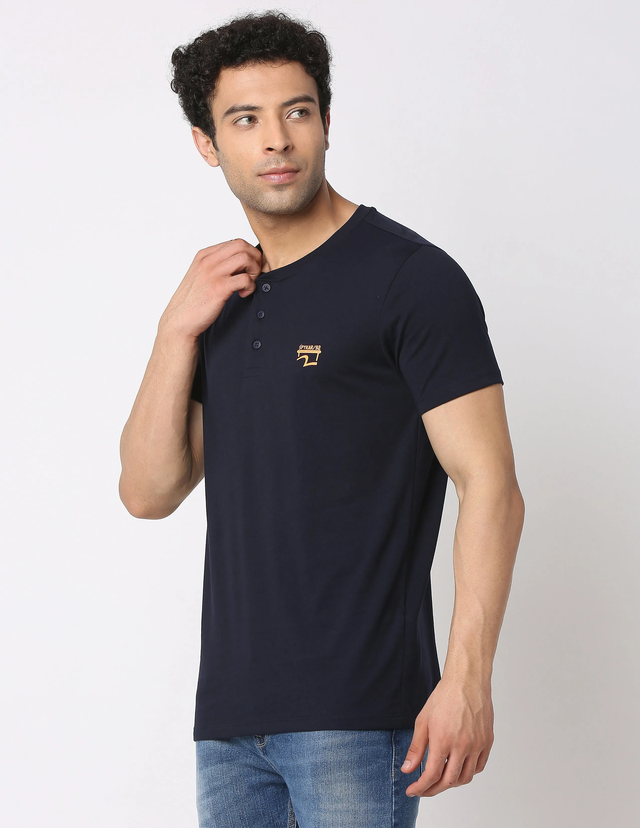 Spykar Men Navy Blue Cotton Slim Fit Henley Neck Plain T-Shirt