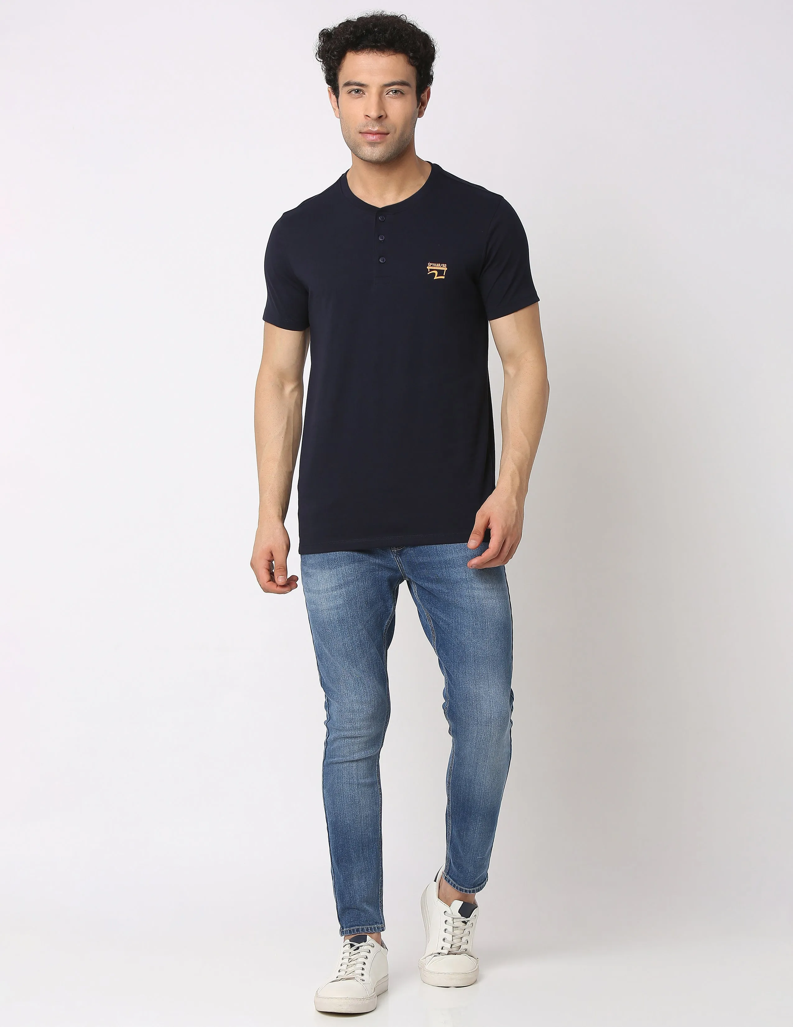 Spykar Men Navy Blue Cotton Slim Fit Henley Neck Plain T-Shirt