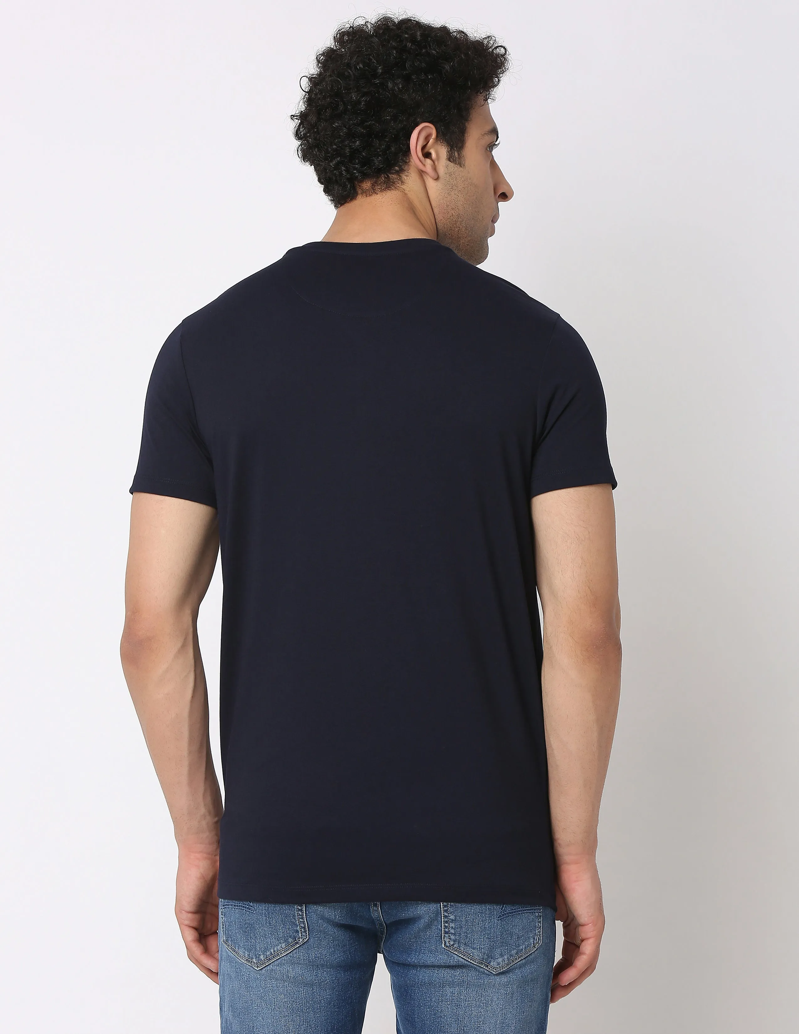 Spykar Men Navy Blue Cotton Slim Fit Henley Neck Plain T-Shirt