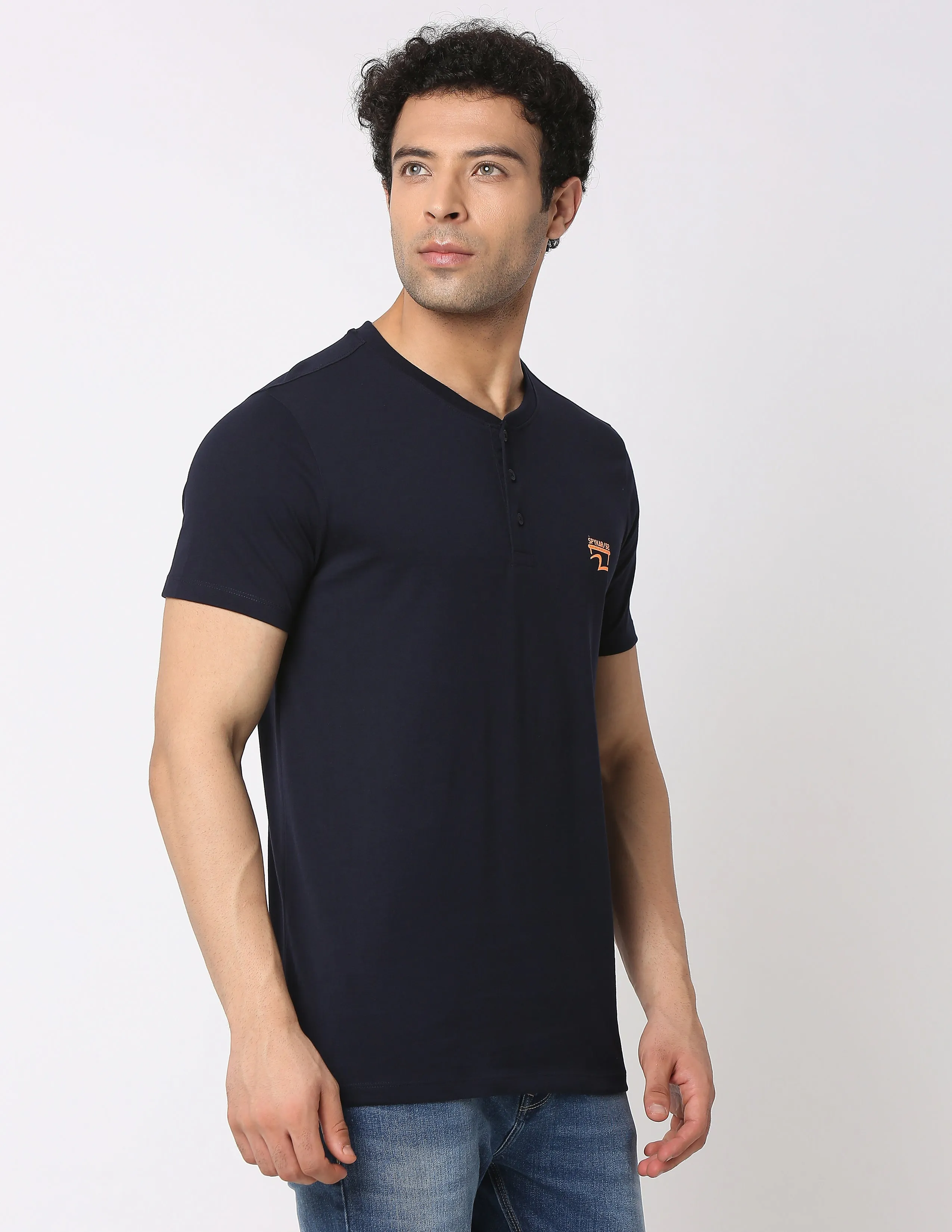 Spykar Men Navy Blue Cotton Slim Fit Henley Neck Plain T-Shirt