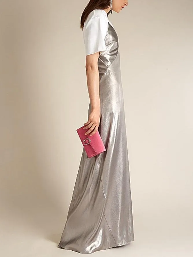 Summer V-Neck Sling Floor Long Section Bottoming Side Split Solid Color Maxi Dress