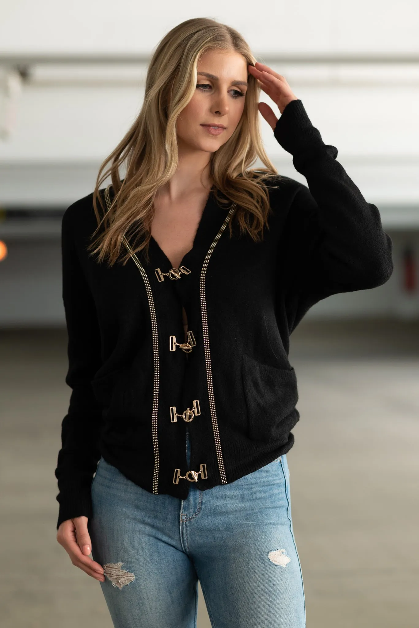 Sweater, Cardigan Oversized Black, Gold Buckles & Studs