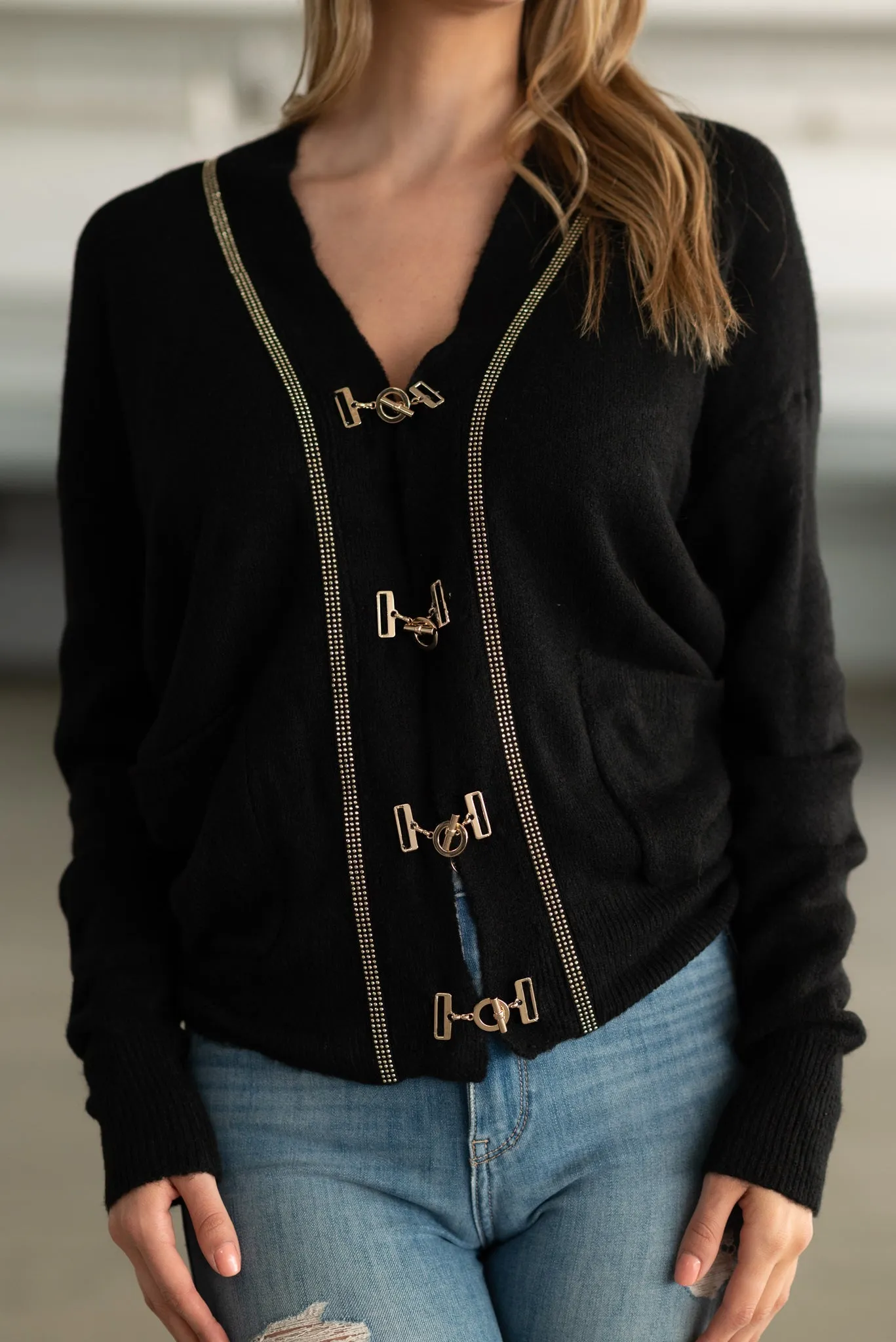 Sweater, Cardigan Oversized Black, Gold Buckles & Studs