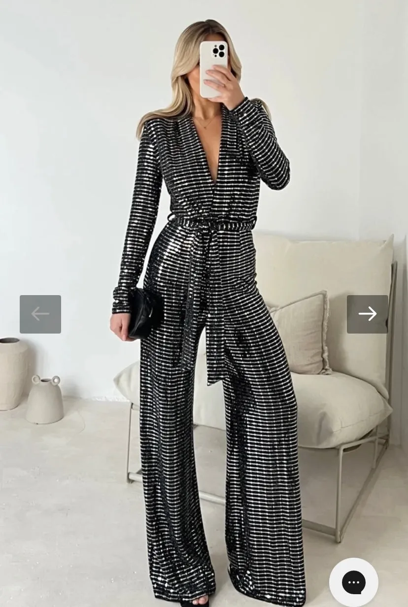 TARA SILVER SEQUIN JUMPSUIT