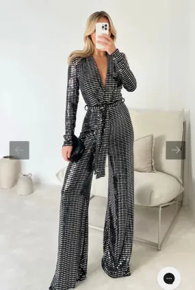 TARA SILVER SEQUIN JUMPSUIT