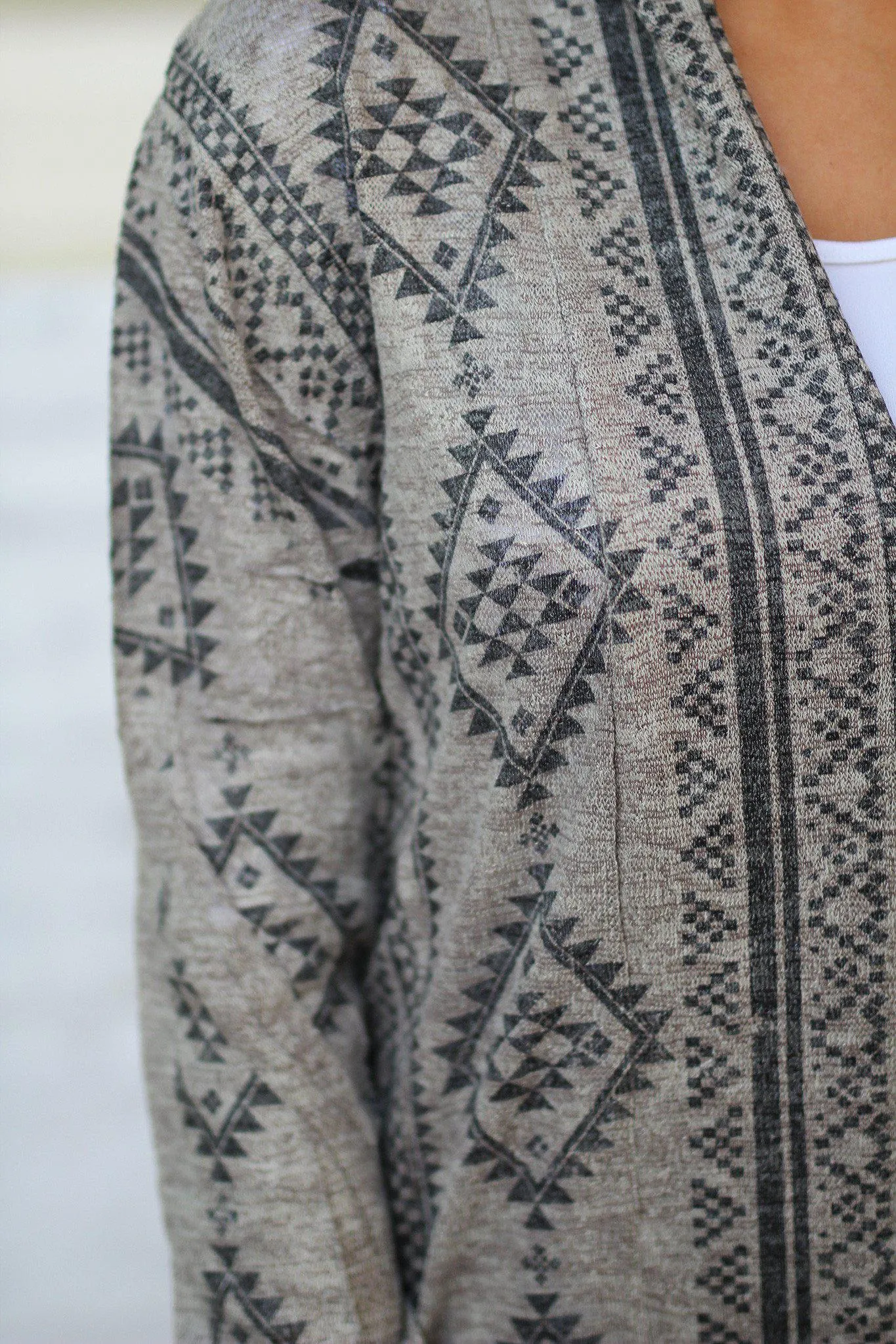 Taupe Open Cardigan with Geometric Print