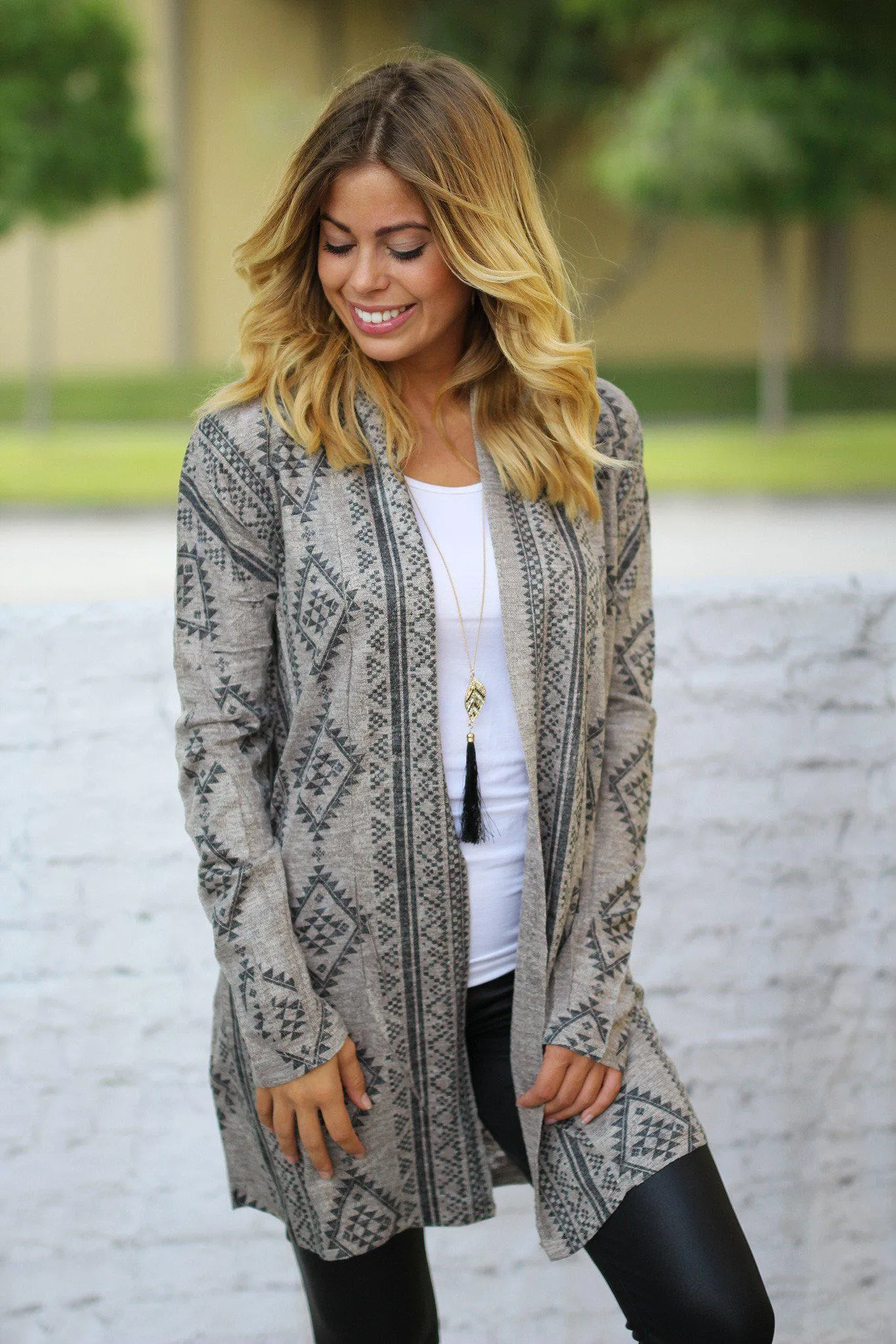 Taupe Open Cardigan with Geometric Print