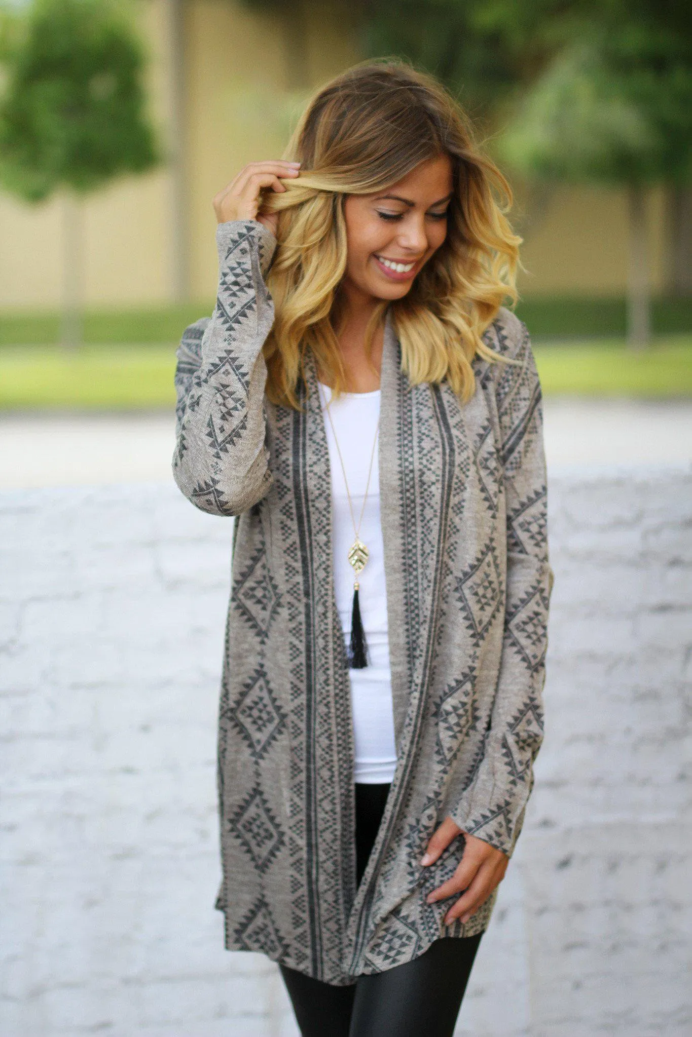 Taupe Open Cardigan with Geometric Print