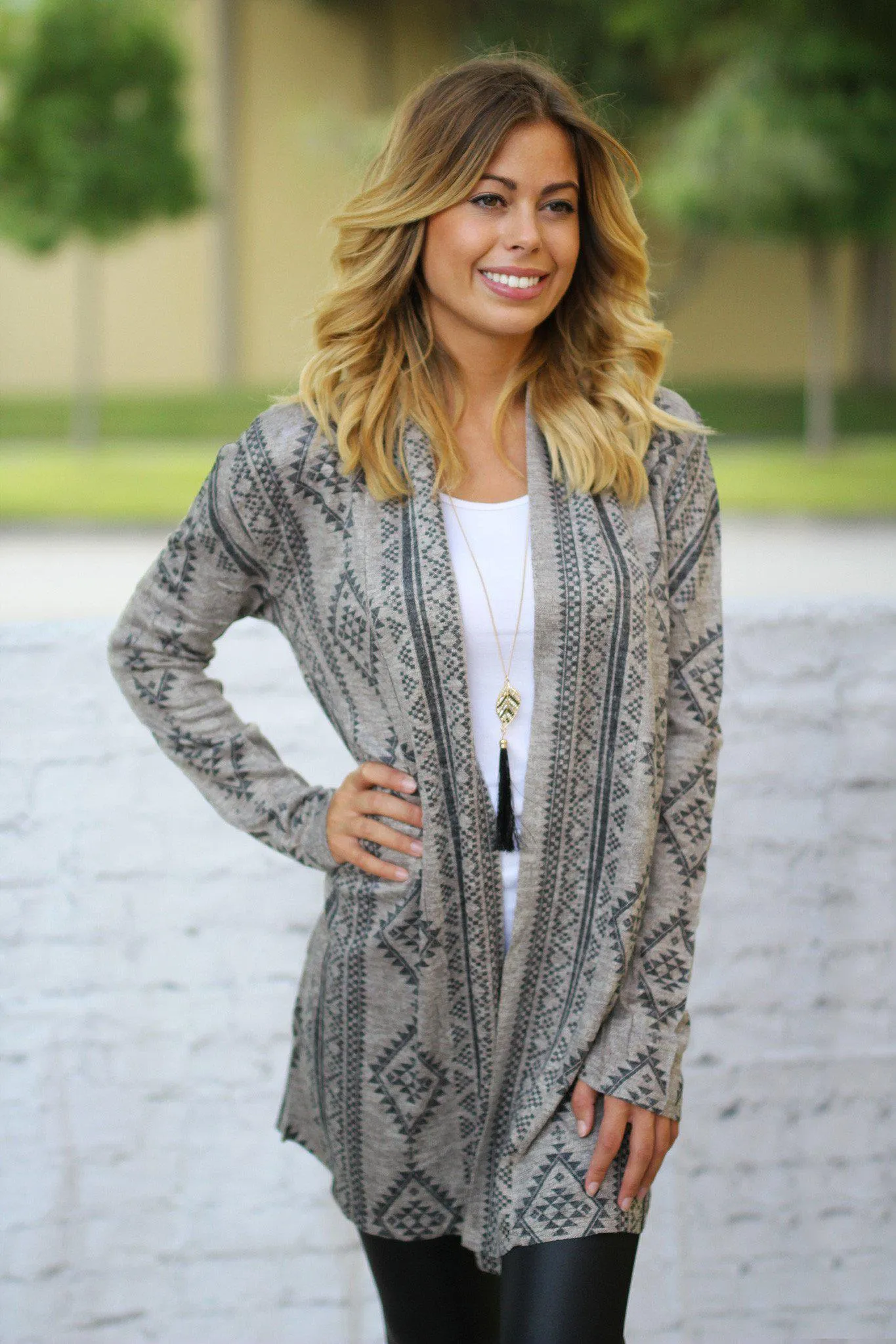 Taupe Open Cardigan with Geometric Print