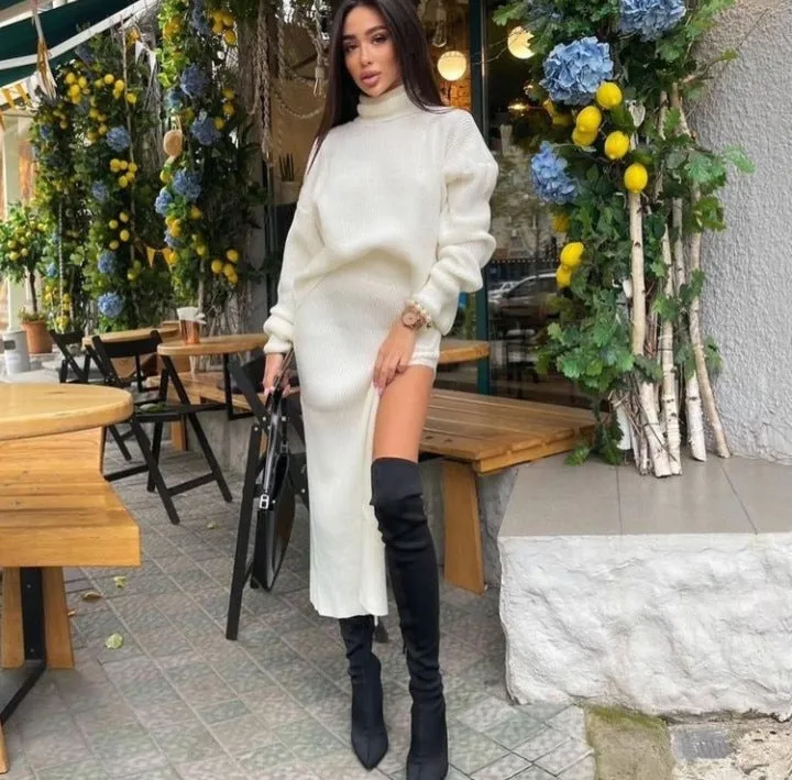 TAVIMART  -  2024 fall fashion trends Hot Sale Autumn and Winter New Turtleneck Loose Pullover Top Split Sexy Long Skirt Two-Piece Set