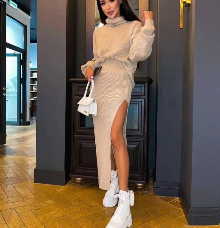 TAVIMART  -  2024 fall fashion trends Hot Sale Autumn and Winter New Turtleneck Loose Pullover Top Split Sexy Long Skirt Two-Piece Set