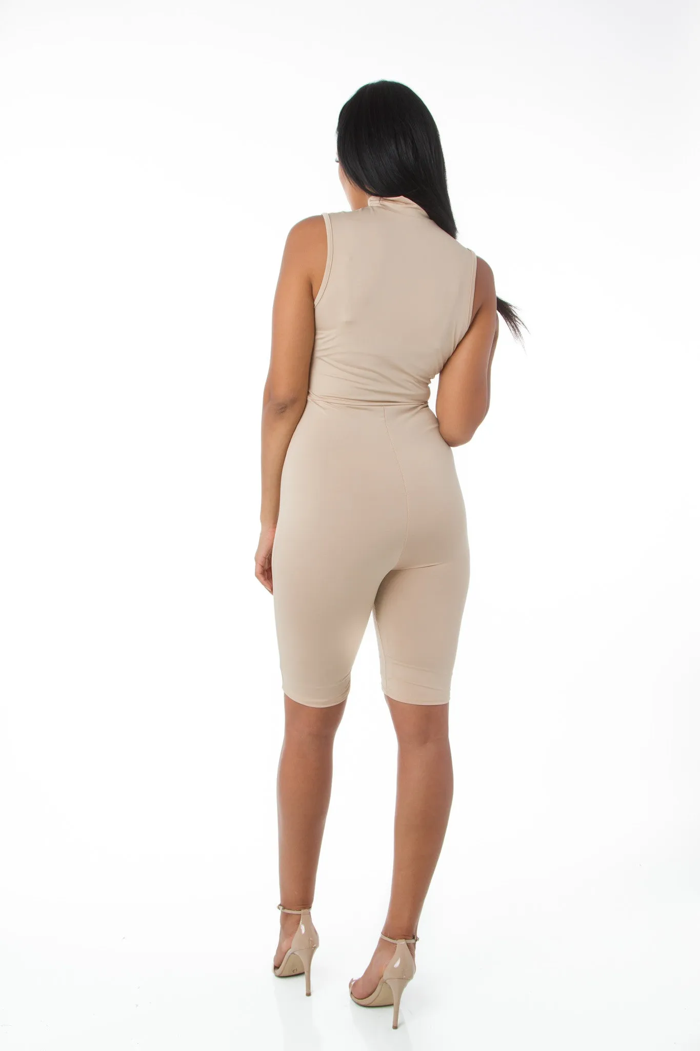 THE MYSTYLEMODE NUDE MOCK NECK SHORT JUMPSUIT WITH ZIPPER