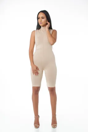 THE MYSTYLEMODE NUDE MOCK NECK SHORT JUMPSUIT WITH ZIPPER