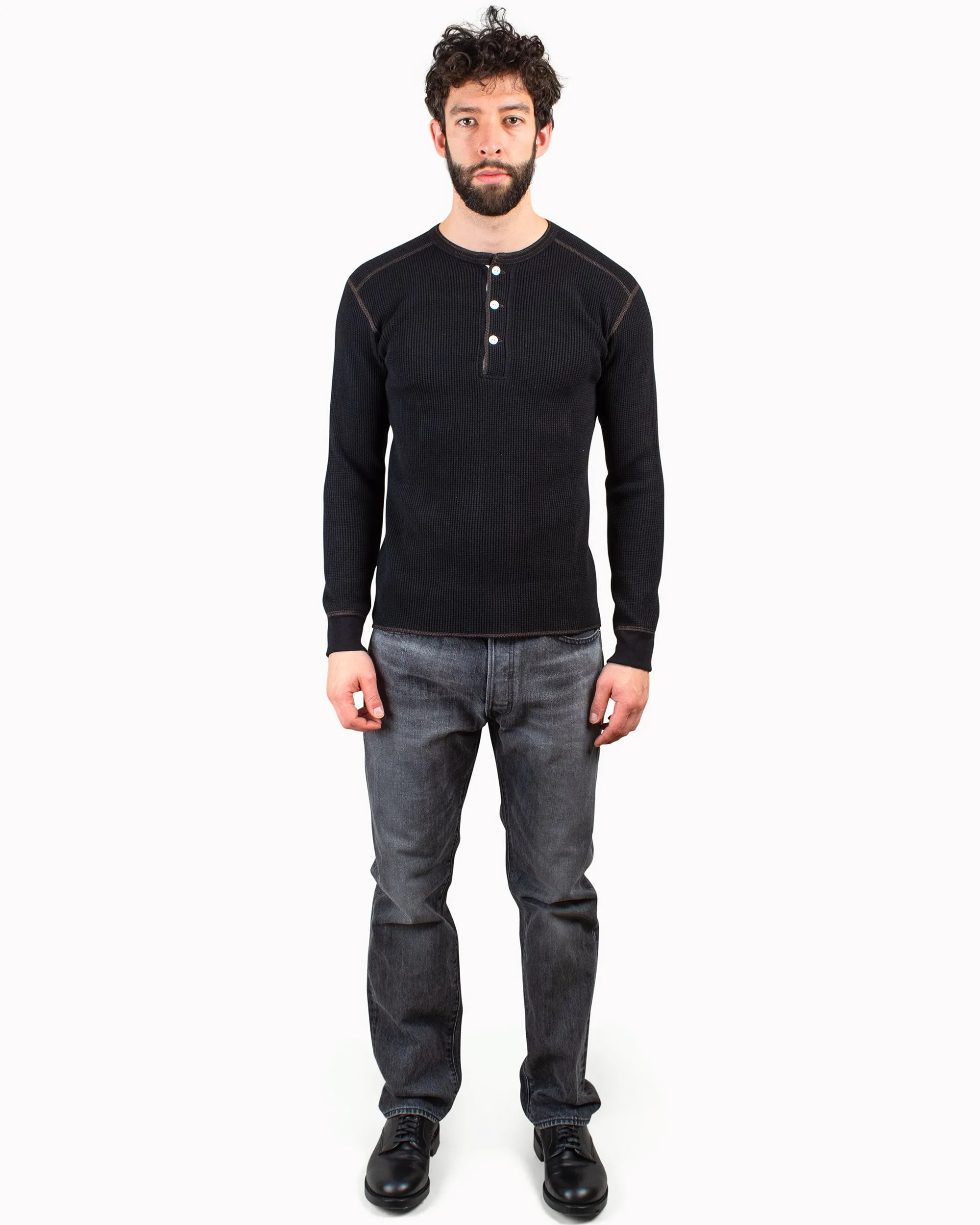 The Real McCoy's MC17117 Waffle Henley Shirt L/S Black