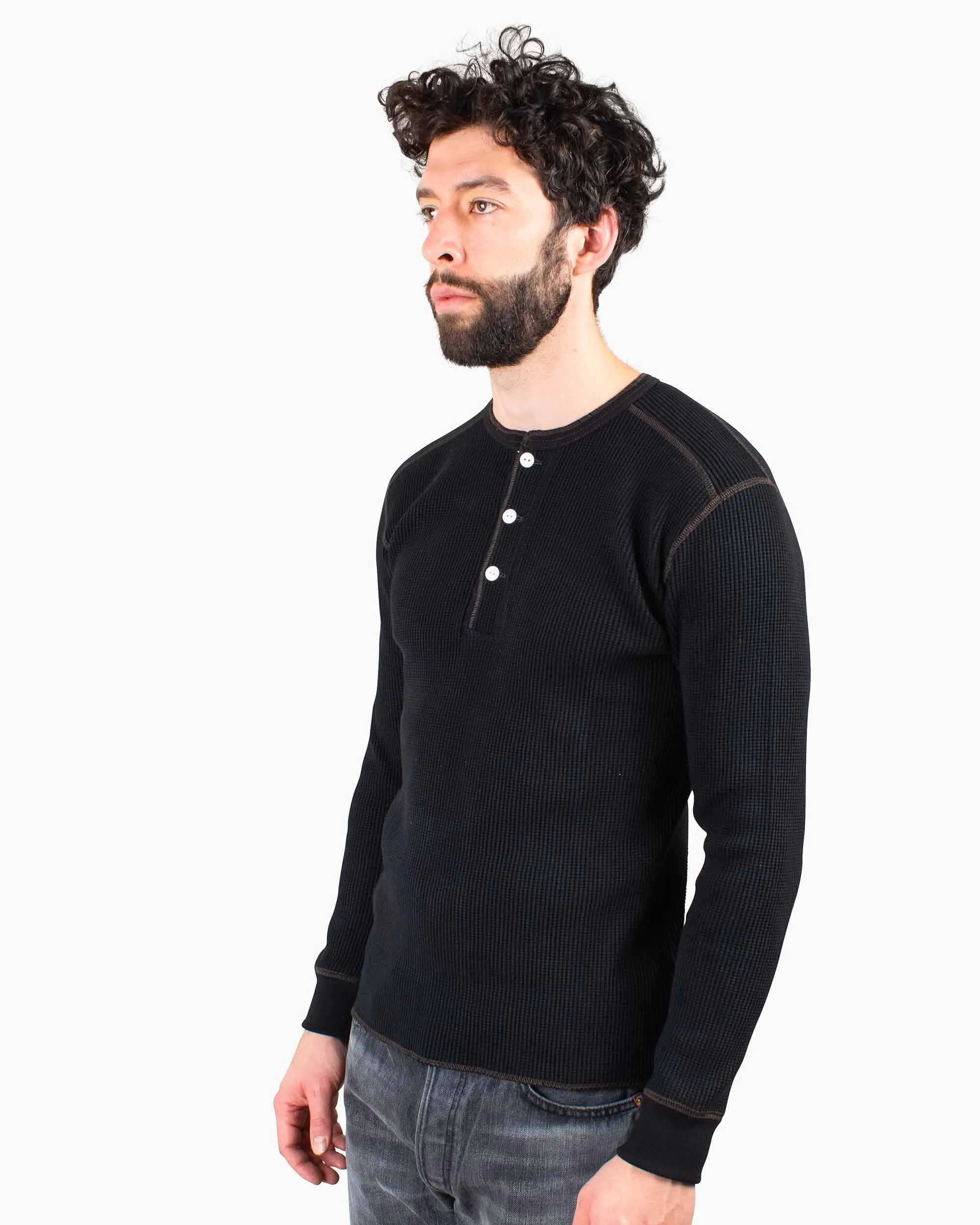 The Real McCoy's MC17117 Waffle Henley Shirt L/S Black