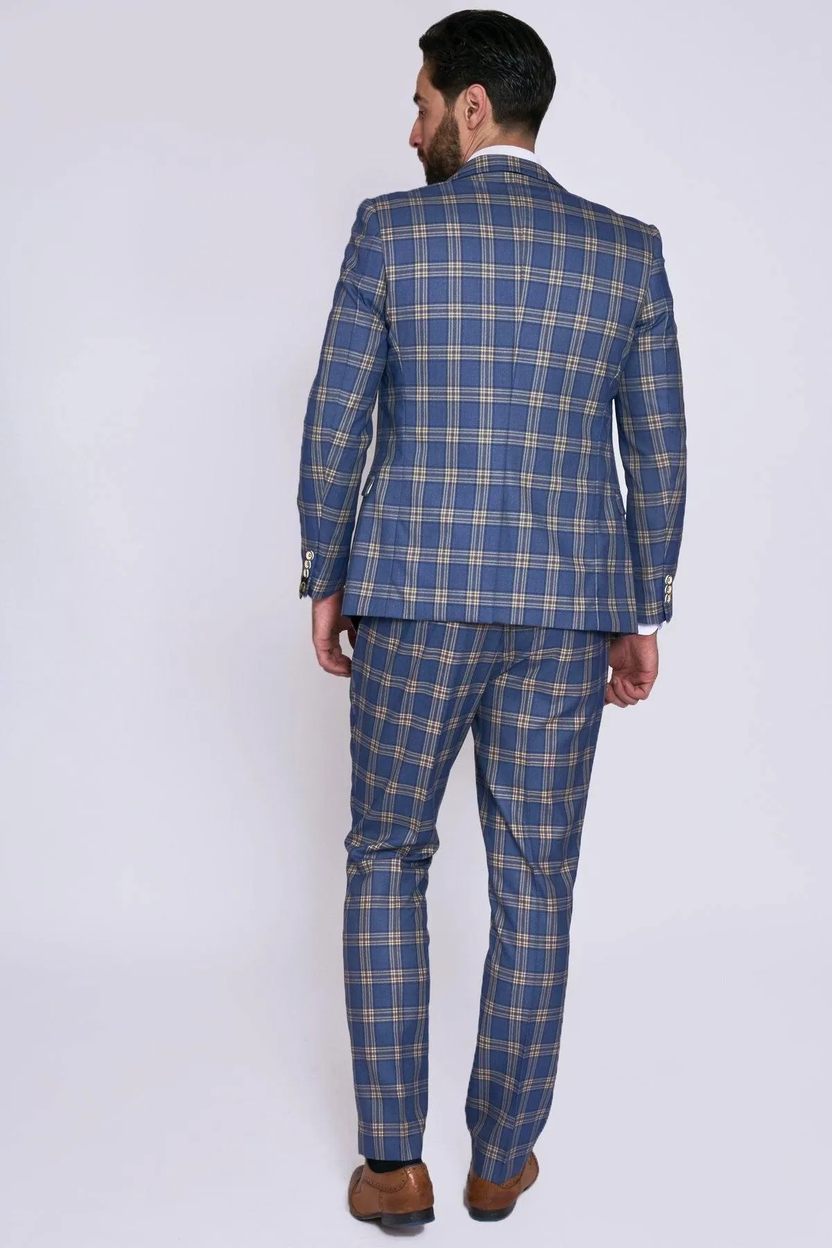 TONY - Blue Yellow Check Suit With Single Breasted Waistcoat