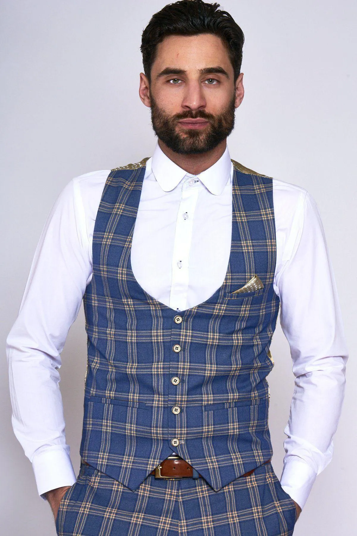 TONY - Blue Yellow Check Suit With Single Breasted Waistcoat