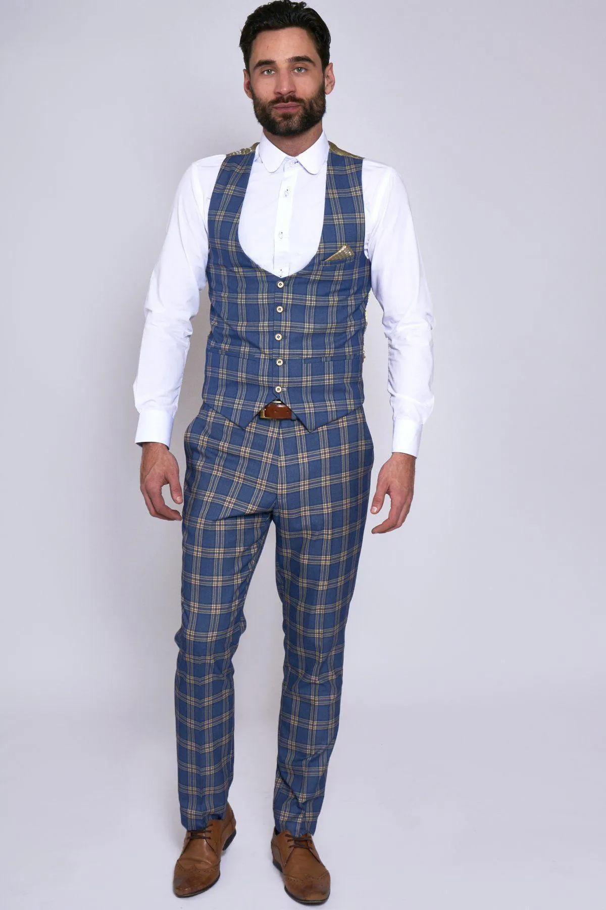 TONY - Blue Yellow Check Suit With Single Breasted Waistcoat